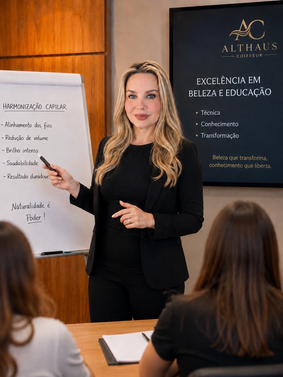 Renata Althaus ministrando curso de harmonização capilar